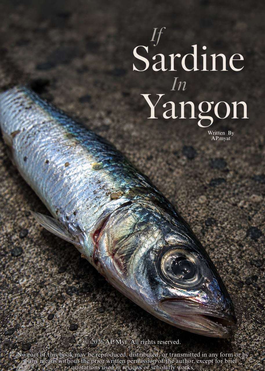 Cover of If Sardine in Yangon by AP Myat: a sardine lying on dark wet asphalt